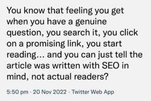 A picture of a Tweet about writing for SEO.