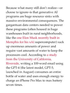 An excerpt from Jezebel about the detrimental environnmental effects of AI use.