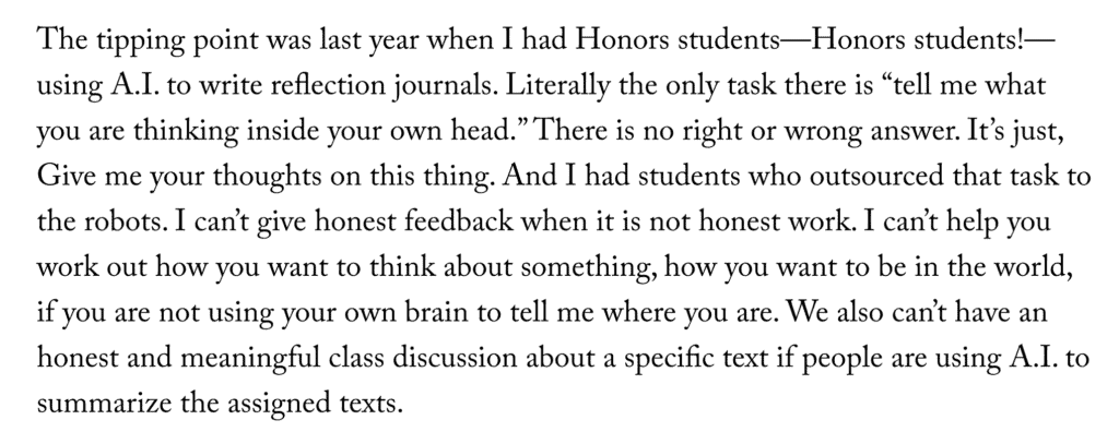 An excerpt from an article in The New Yorker, about professors grappling with AI prevalence in their students' work.