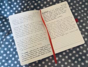 An open notebook - a commonplace book - with handwriting in it.